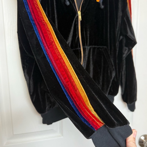 Aviator Nation Black Velvet Hoodie with Rainbow Stripes - Picture 3 of 4